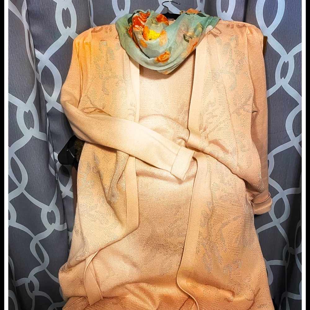 Chico. Peach mid length Sweater Coat. Size Med / Large.  Scarf included